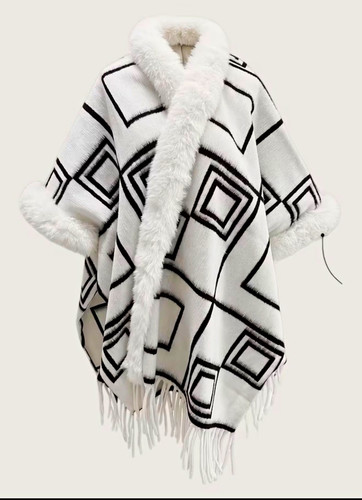 Women white boho faux poncho - white,