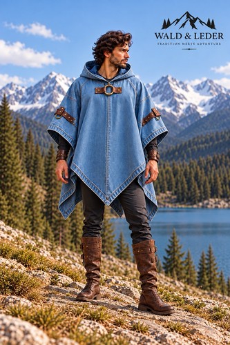 Blue denim hooded cape poncho - cape,